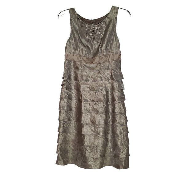Adrianna Papell Beaded Tiered Ruffle Dress 8 Gray Silver Gold Cocktail Shimmer - Picture 1 of 8